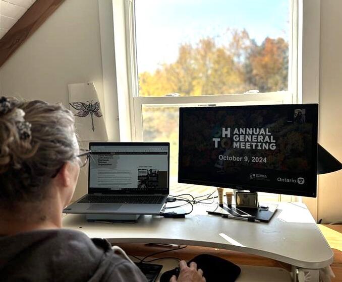 A woman sits in front of a computer