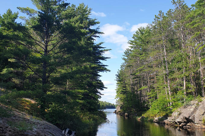 lake narrows surrounded by green trees and grey boulders under a blue sky