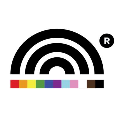 Rainbow Registered Logo, black rainbow underscored with multi-coloured bottom border to highlight inclusivity and diversity