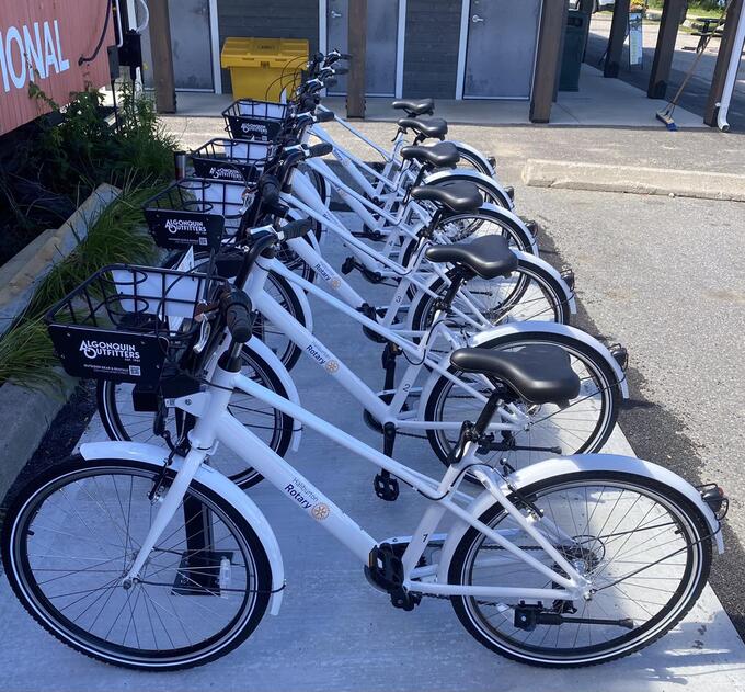 Bicycles are shown in a bike rack